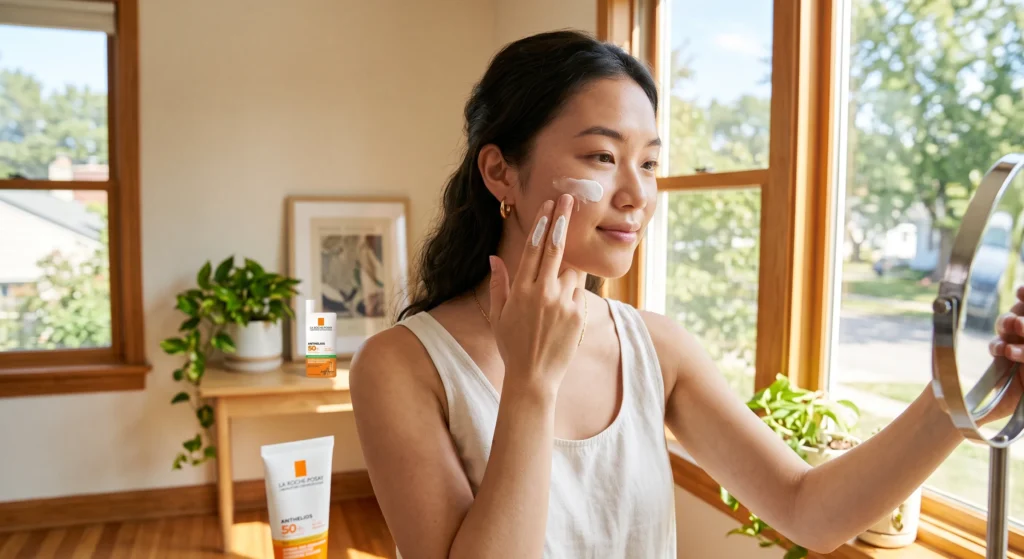 Ilustrasi memakai sunscreen di dalam ruangan untuk mencegah kerusakan kolagen akibat sinar UV yang membuat pori-pori mengendur.