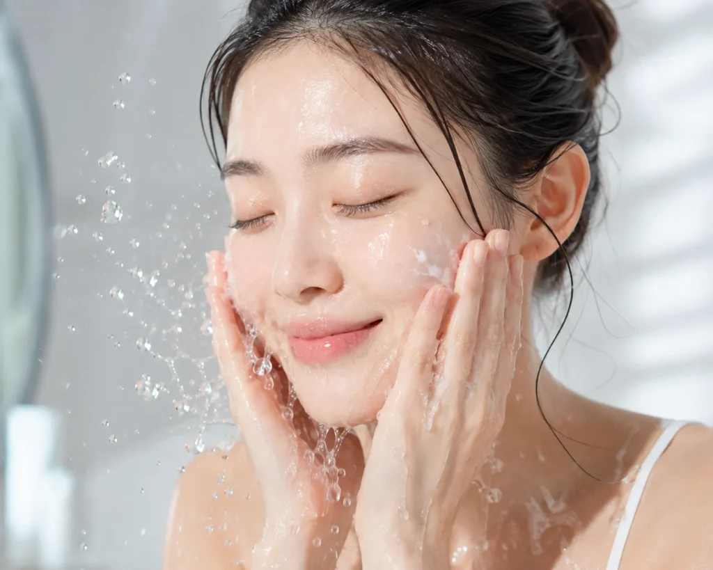 Seorang wanita sedang mencuci wajah menggunakan facial wash bertekstur gel ringan untuk membersihkan kotoran dan sebum penyumbat pori.